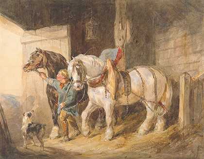 骑着马车的马童`Stable Boy with Cart Horses by John Frederick Tayler
