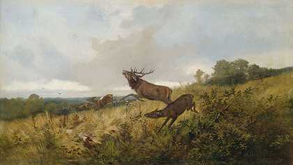 秋天风景中的马鹿`Rotwild in herbstlicher Landschaft (1881) by Christoffer Drathmann