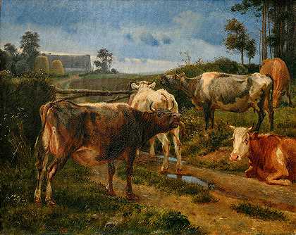 吼叫的奶牛`Bellowing cows by the fence gate (1847) by the fence gate by Johan Thomas Lundbye