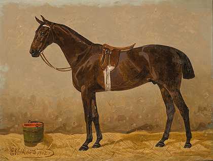 马厩里有鞍的港湾马`A Saddled Bay Horse in a Stable (1902) by Emil Volkers