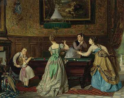 打台球的女士们`Ladies Playing Billiards by Charles Edouard Boutibonne
