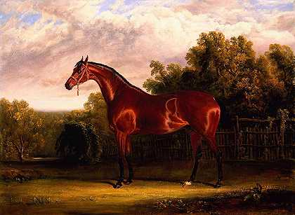 谈判者，风景中的一匹海湾马。`Negotiator, a Bay Horse in a Landscape. (1826) by John Frederick Herring Snr.