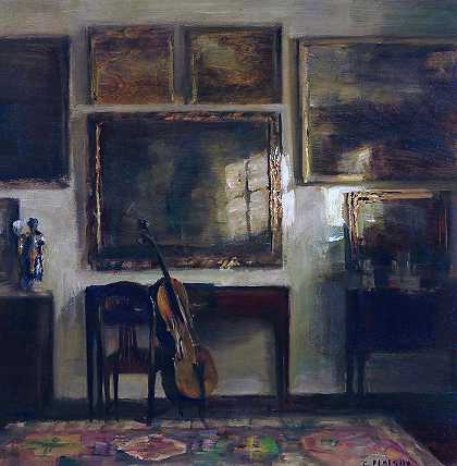 大提琴内饰`Interior with Cello by Carl Holsoe