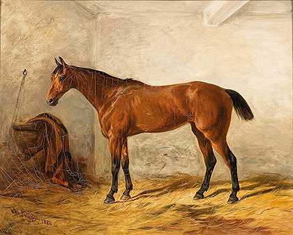 马厩里有鞍毯的海湾马`A Bay Horse in a Stable with Saddle Blanket (1884) by Wilhelm Richter