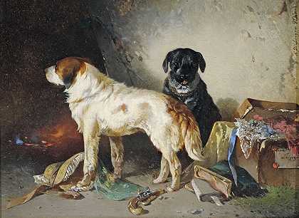 两只狗和一个衣柜。`Zwei Hunde mit einer Kleiderkiste. by Carl Pischinger
