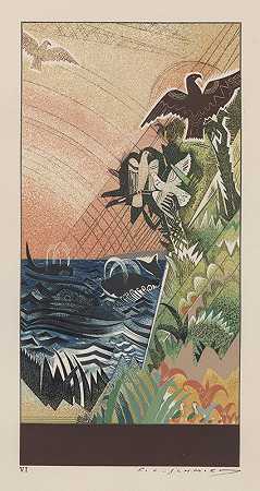 鸟类和鲸鱼的海洋和陆地场景插图`Illustration of ocean and land scene with birds and whales by Francois-Louis Schmied