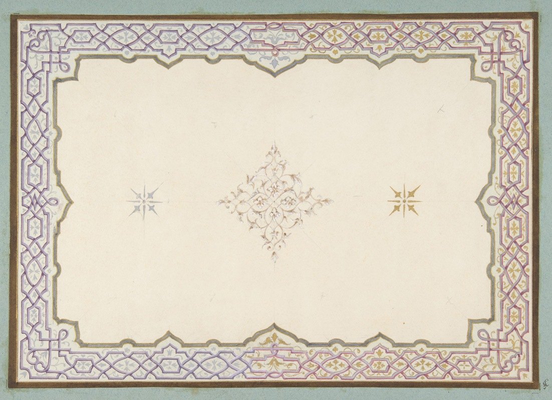 天花板的装饰设计，带有镶边和一个中央装饰章`Design for the decoration of a ceiling with a border of strapwork and a central filagree medallion (1830–97) by Jules-Edmond-Charles Lachaise