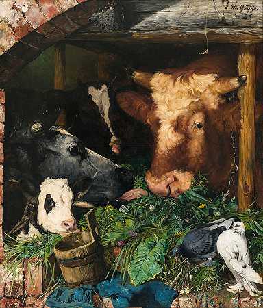 牲畜饲养`Viehfütterung (1885) by Ernst Moritz Geyger
