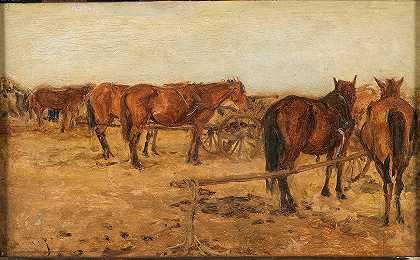 马车`A Carriage with Horses by August Xaver Karl Ritter von Pettenkofen