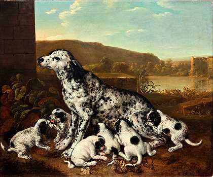 达尔马提亚犬和小狗`Dalmatian dog with puppies (after 1700) by Pieter van der Hulst