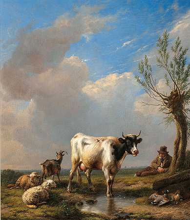 在广阔的土地上放牧`Grazing Cattle in a Vast Landscape (1844) by Eugène Verboekhoven