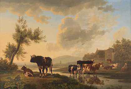 夏季景观中的奶牛`Cows in summer landscape by Leendert de Koningh