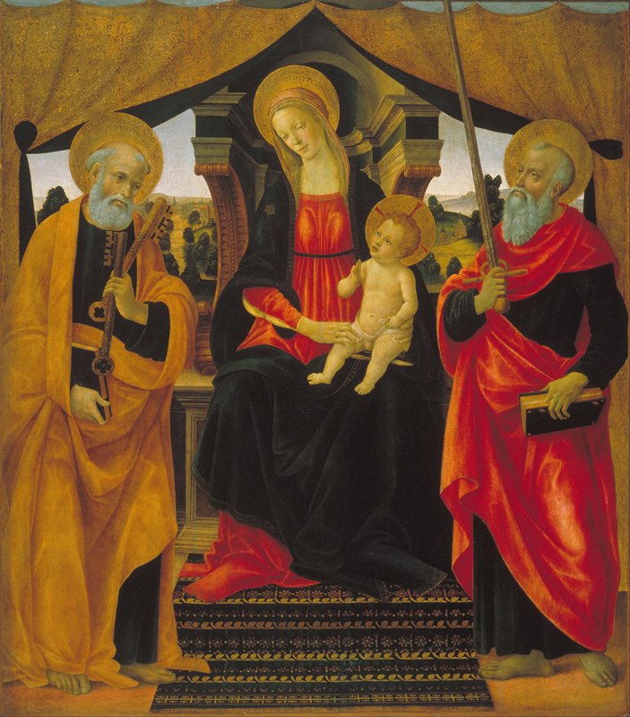 圣彼得和圣保罗之间的处女和孩子`Virgin and Child between Saint Peter and Saint Paul (circa 1490) by Vincenzo Frediani