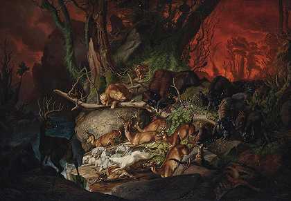 北美森林大火`A forest fire, North America (1848) by Johann Friedrich Wilhelm Wegener