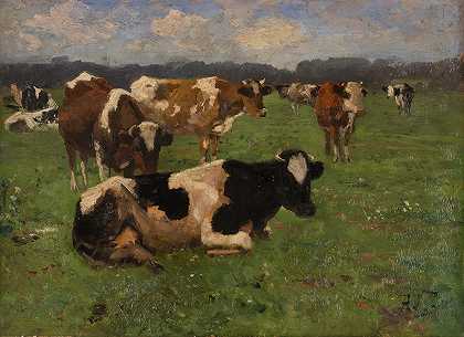 草地上的奶牛`Cows on a meadow by Adolf Lins