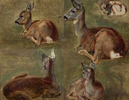 小鹿素描`Sketches of fawns (1897) by Maria Klass-Kazanowska