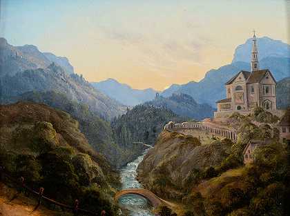 山峦起伏，傍晚有河谷和修道院`Mountainous landscape with a river valley and an abbey at evening light by Carl Gustav Carus