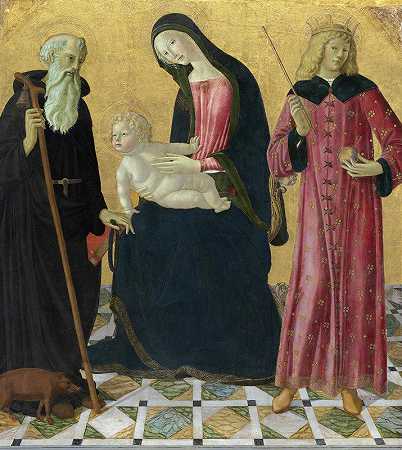 麦当娜与圣安东尼·阿博特和圣西格斯蒙德的孩子`Madonna and Child with Saint Anthony Abbot and Saint Sigismund (c. 1490~1495) by Neroccio De& Landi