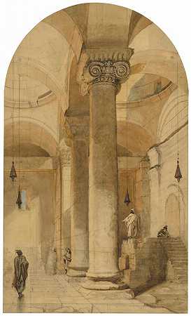 耶路撒冷圣殿区金门的屋内`Interior of the Golden Gateway in the Temple area of Jerusalem by Carl Haag
