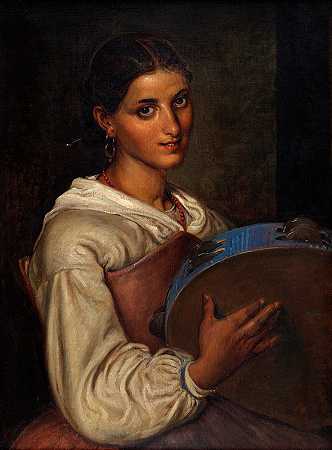 拿着蓝色手鼓的意大利女孩`Italian girl with a blue tambourine by Wilhelm Marstrand