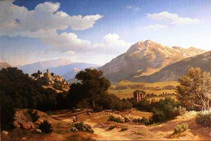 萨宾山脉的景观`Landscape in the Sabine Mountains (1859) by Arnold Overbeck