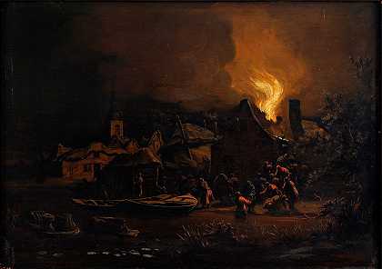 荷兰村庄的火灾`A fire in a Dutch village (c. 1650) by Egbert Lievensz van der Poel 