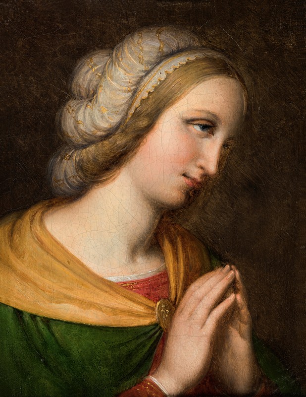 一个祈祷的女人的头像和肩膀。一幅画的复制品`Head and shoulders portrait of a praying woman. Copy of a painting by Perugino by Perugino by Johan Ludvig Lund