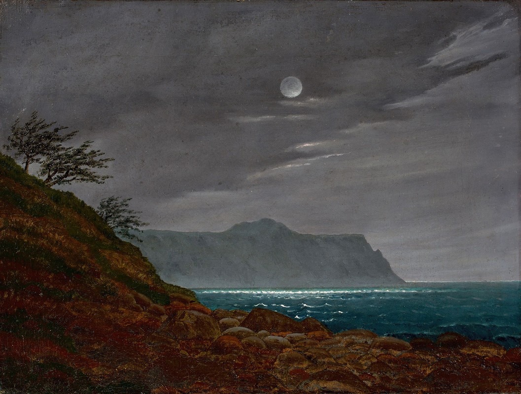 吕根月夜`Moonlight night on Rügen (circa 1840) by Johann Friedrich Boeck  