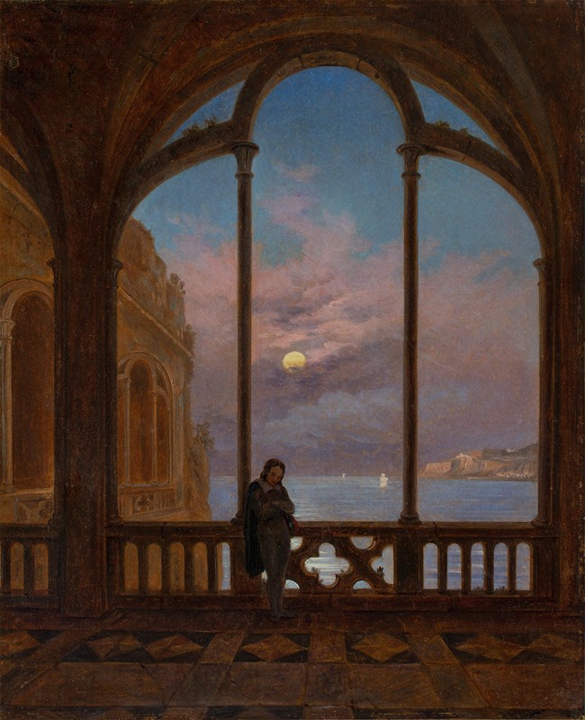 那不勒斯纪念（地中海上空的月夜）`Erinnerung an Neapel (Mondnacht über dem Mittelmeer) (circa 1832) by Carl Gustav Carus