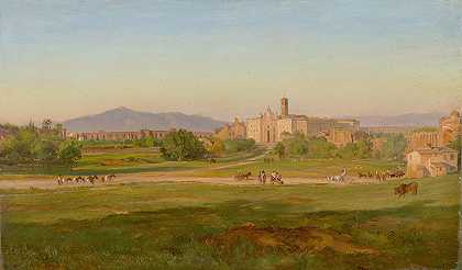 格鲁萨勒姆（罗马）圣克罗斯大教堂景观`Blick auf die Basilica di Santa Croce in Gerusalemme (Rom) (circa 1848) by Friedrich Loos