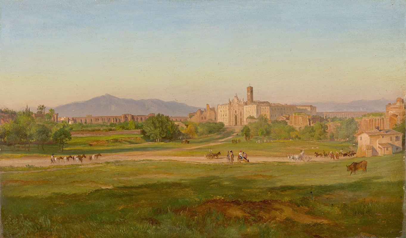 格鲁萨勒姆（罗马）圣克罗斯大教堂景观`Blick auf die Basilica di Santa Croce in Gerusalemme (Rom) (circa 1848) by Friedrich Loos