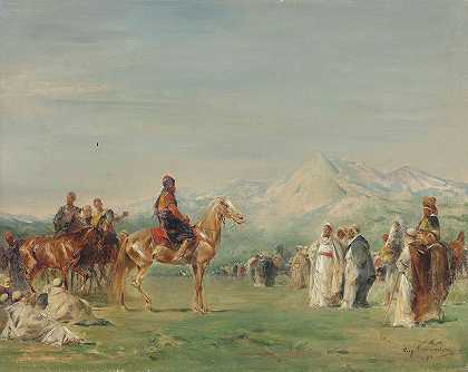 阿拉伯营地在地图集`Campement arabe dans les montagnes de lAtlas (1872) by Eugène Fromentin