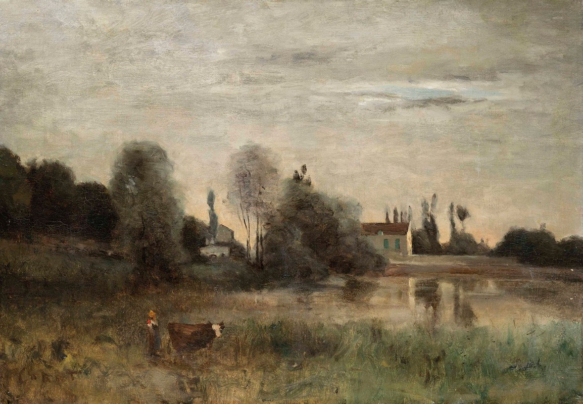 城市AVRAY，在处空闲池塘`Ville Avray, vachère à létang (circa 1855~60) by Jean-Baptiste-Camille Corot
