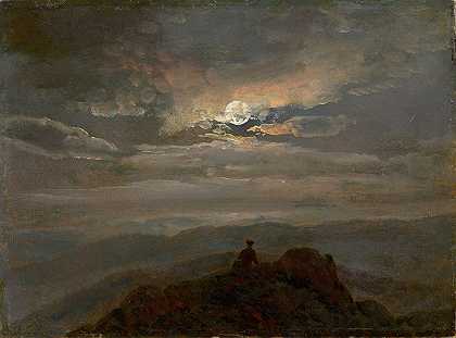 山顶上的流浪者（月光下的风景）`Wanderer on a Mountain Top (Landscape in Moonlight) (1823) by Johan Christian Dahl