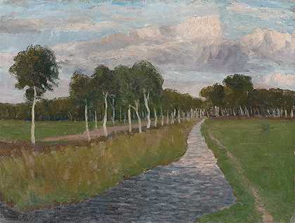 晚上在摩尔二频道`Evening at Moor channel II (circa 1905) by Fritz Overbeck