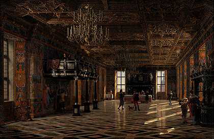 基督教四世统治时期弗雷德里克斯堡城堡的大厅`The Great Hall at Frederiksborg Castle during the Reign of Christian IV (1859) by Heinrich Hansen