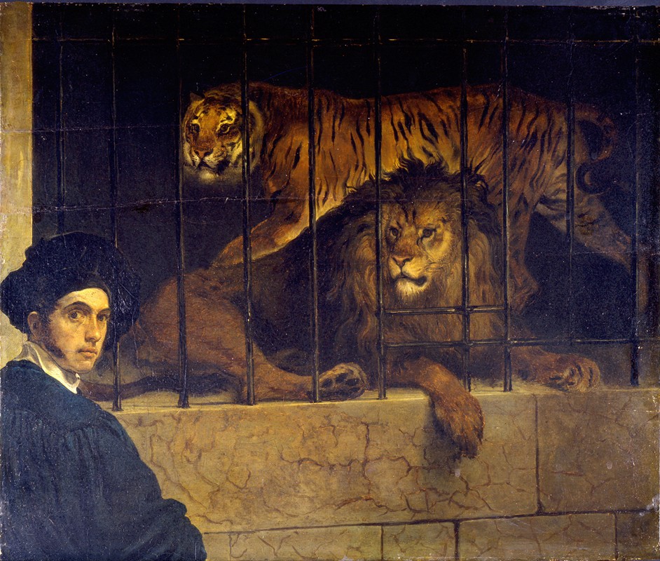 虎狮自画像`Self~portrait with Tiger and Lion (ca 1830) by Francesco Hayez