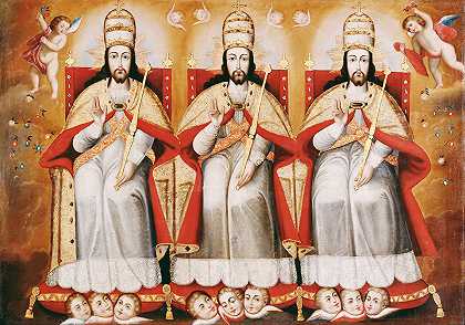 三位一体作为三个相同的人物登基`The Enthroned Trinity as Three Identical Figures (ca. 1720 ~ ca. 174) by Cusco School