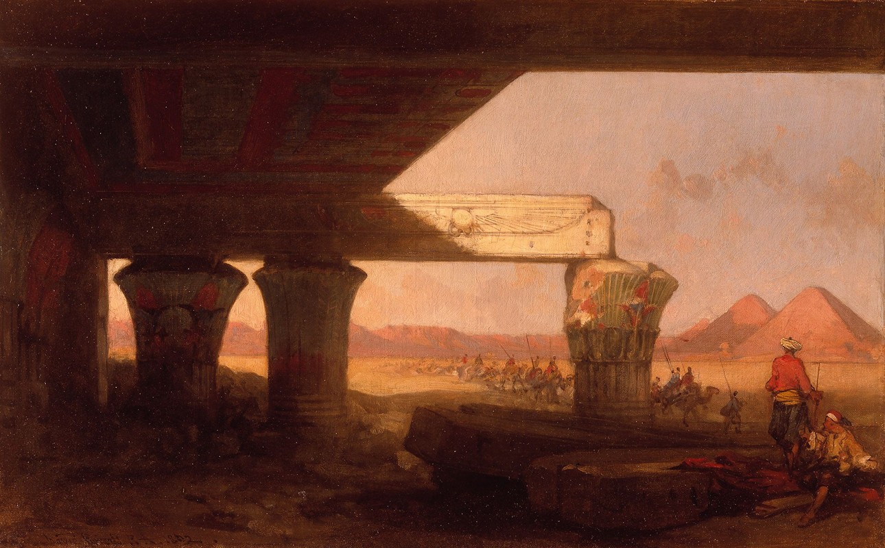 远眺金字塔的埃及景观`Egyptian Landscape with a Distant View of the Pyramids (1862) by David Roberts