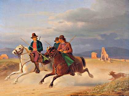 三个骑马露营车`Three riding campagnols (1872) by Jørgen Sonne
