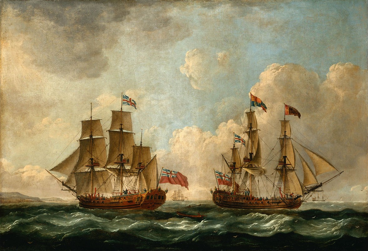 游隼号（后来改名为皇家卡罗琳号）位于海岸线外的两个位置`The Peregrine (later renamed the Royal Caroline) in Two Positions off the Coast) (1766) by John Cleveley the elder