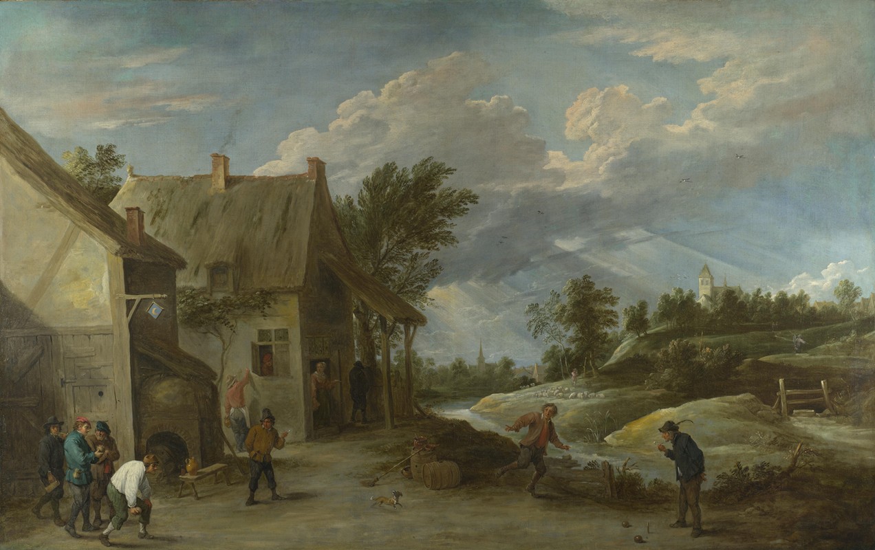 农民们在乡村客栈外玩碗`Peasants playing Bowls outside a Village Inn  (circa 1660) by David Teniers The Younger