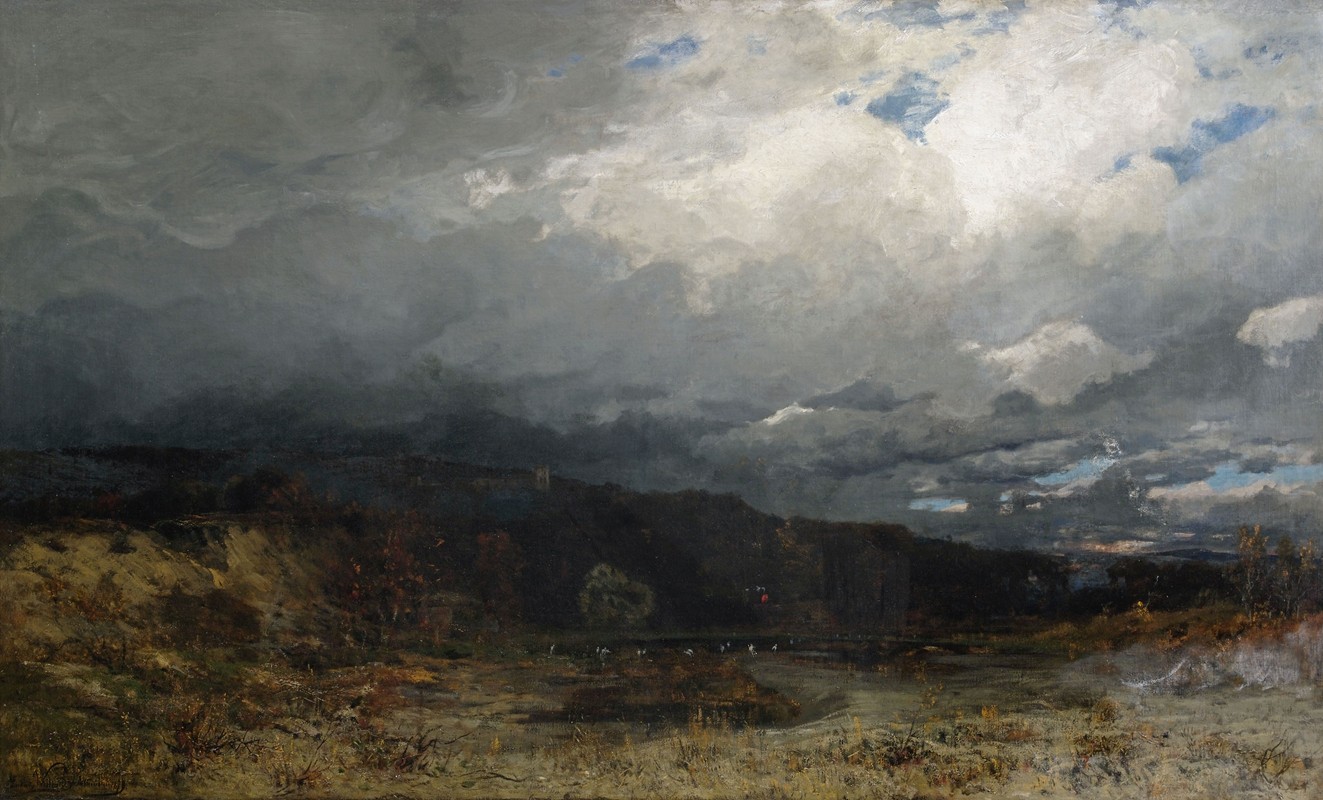 山脚下乌云密布的沼地`Wolkenverhangene Moorlandschaft im Vorgebirge (1878) by Ludwig Willroider
