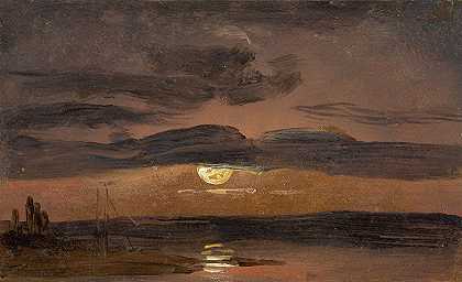 易北河`The Elbe by Moonlight (circa 1856) by Moonlight by Johan Christian Dahl