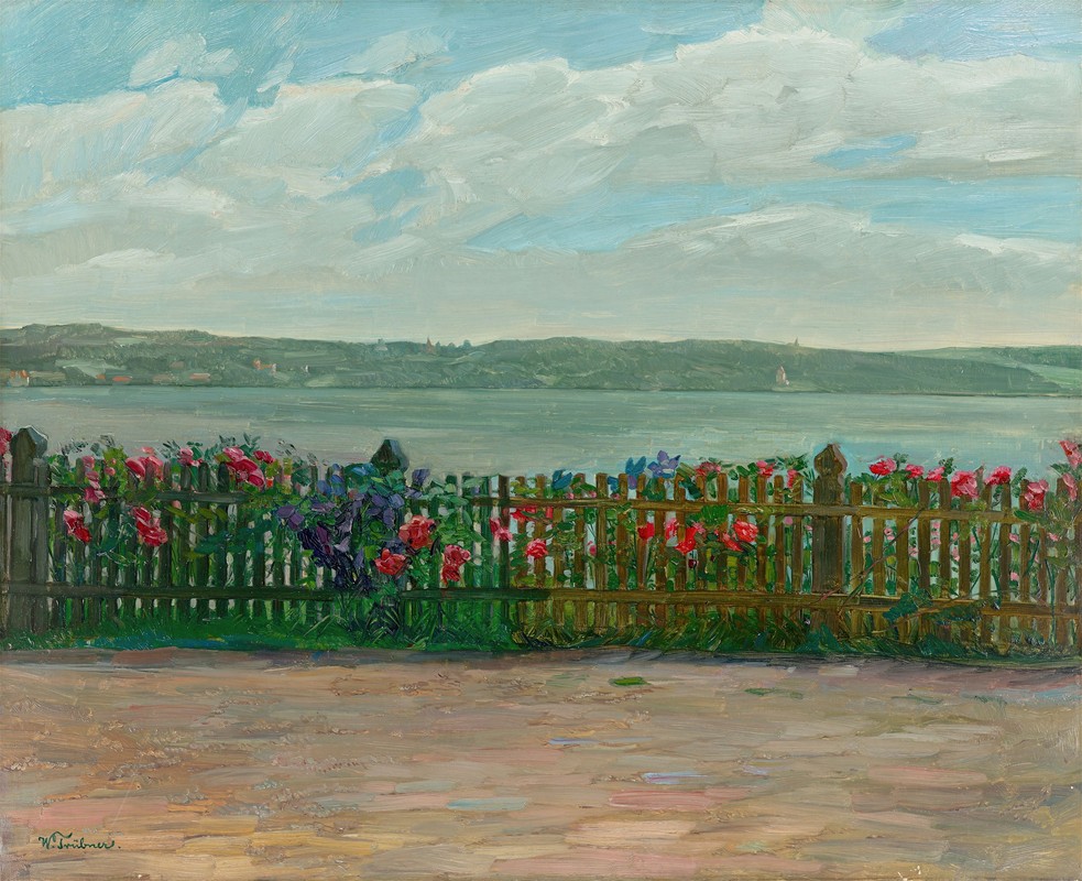 从玫瑰篱笆可以看到斯塔恩堡湖的伯格城堡`Rose fence with view of the Berg Castle at Lake Starnberg (1912) by Wilhelm Trübner