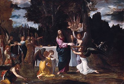 基督在荒野中服侍`Christ in the Wilderness, Served by Angels (circa 1608) by Angels by Ludovico Carracci