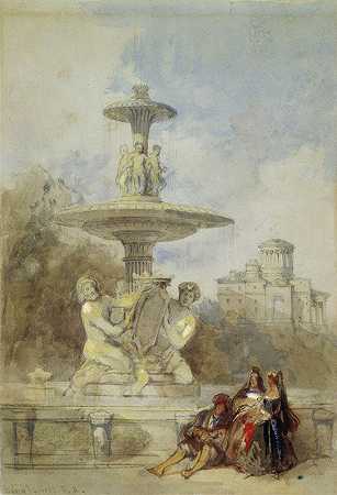 马德里普拉多的喷泉`The Fountain on the Prado, Madrid (circa 1837) by David Roberts