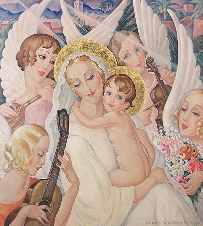 麦当娜带着孩子，被包围着`Madonna with child, surrounded by musical angels (1935) by musical angels by Gerda Wegener