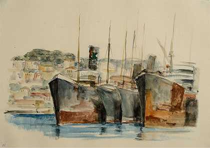 港口的拖船`Hochseeschlepper im Hafen (1926) by Gottfried Graf