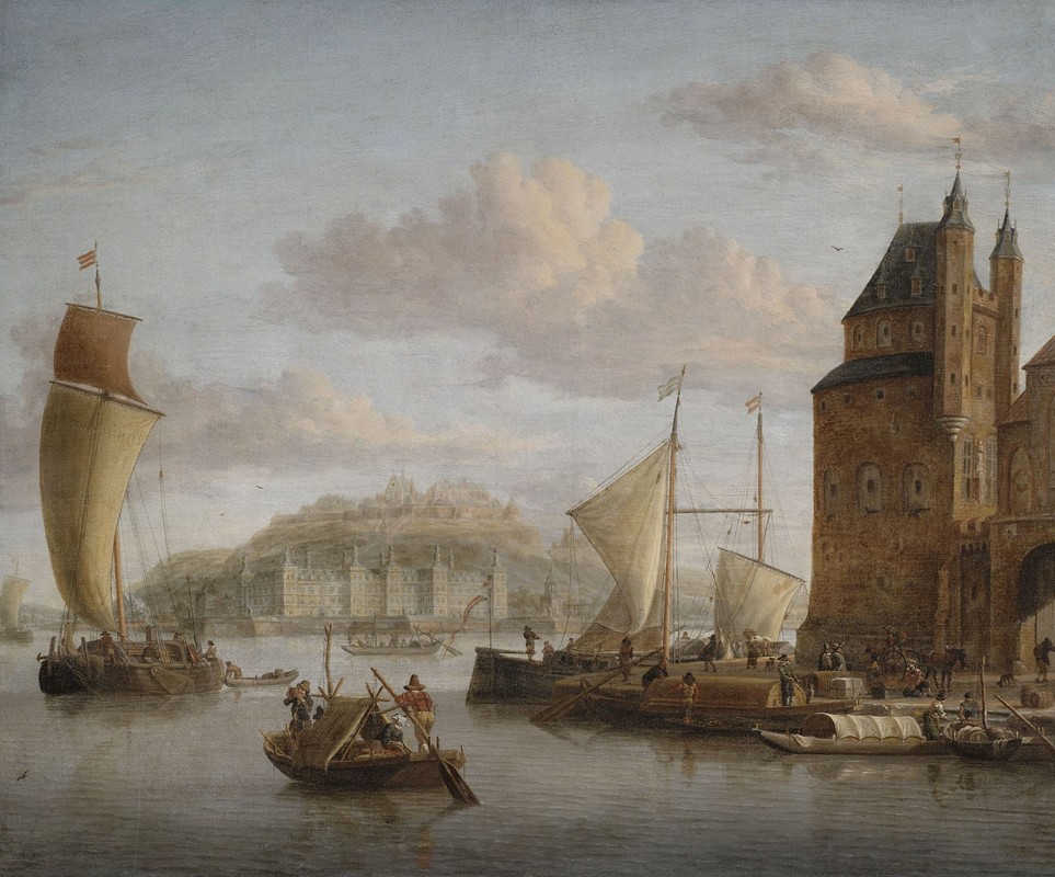 一座城堡的北部港口，有许多驳船和商人`Nördlicher Hafen an einem Schloss mit zahlreichen Lastbooten und Kaufleuten by Jacobus Storck